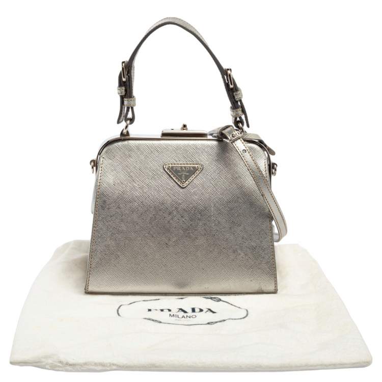 Pre Owned Prada Silver Saffiano Leather Frame Top Handle Bag
