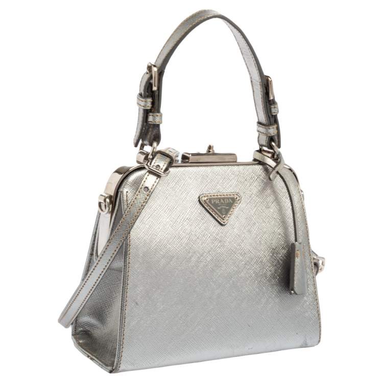 Pre Owned Prada Silver Saffiano Leather Frame Top Handle Bag