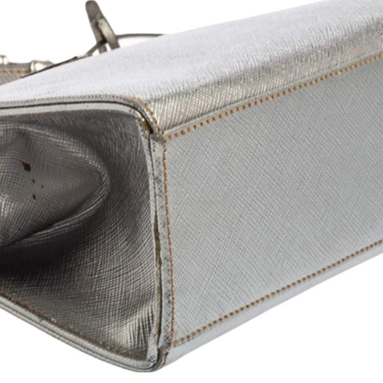 Pre Owned Prada Silver Saffiano Leather Frame Top Handle Bag