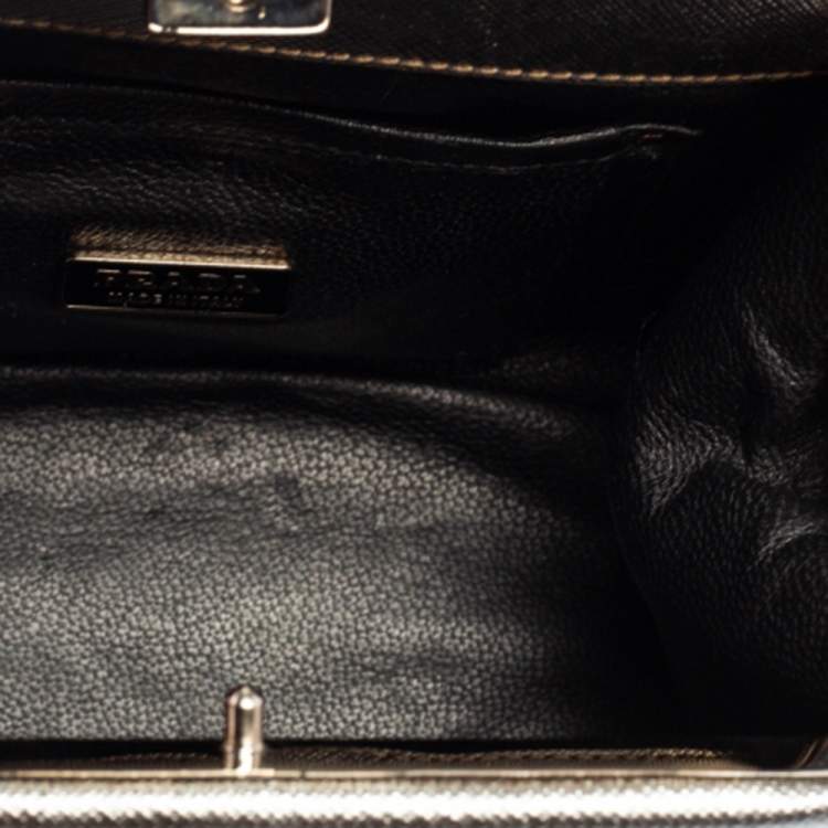Pre Owned Prada Silver Saffiano Leather Frame Top Handle Bag