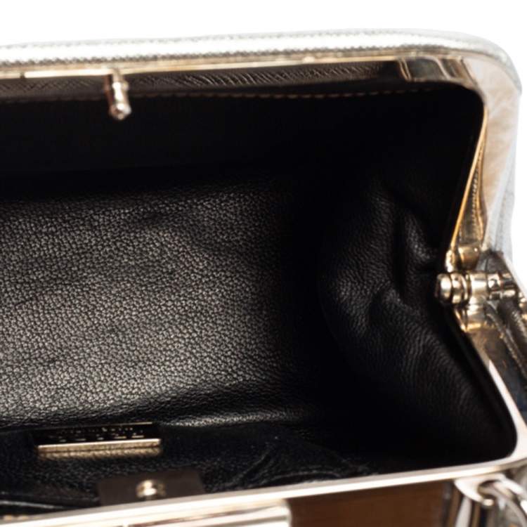 Pre Owned Prada Silver Saffiano Leather Frame Top Handle Bag