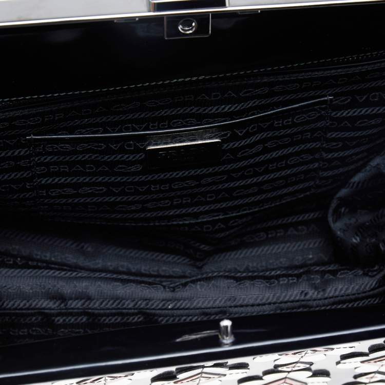 Pre Owned Prada Black Patent Leather Floral Hinge Top Handle Bag
