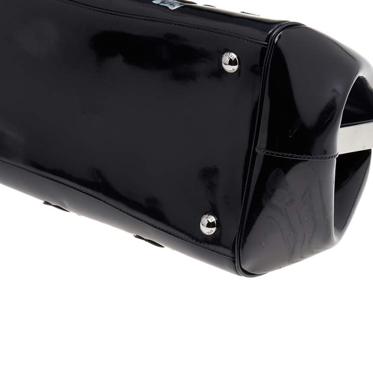 Pre Owned Prada Black Patent Leather Floral Hinge Top Handle Bag