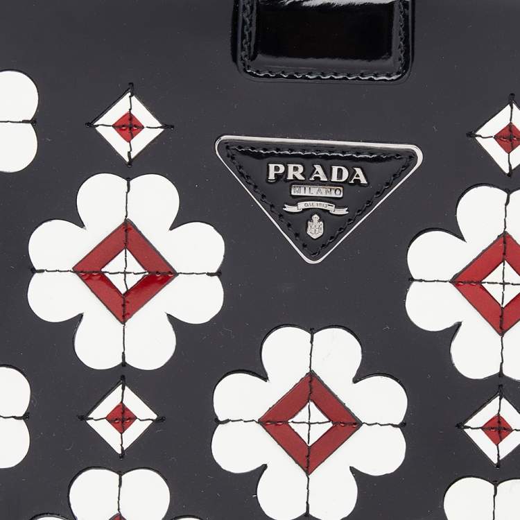 Pre Owned Prada Black Patent Leather Floral Hinge Top Handle Bag