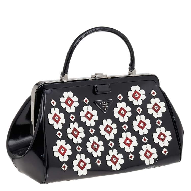 Pre Owned Prada Black Patent Leather Floral Hinge Top Handle Bag