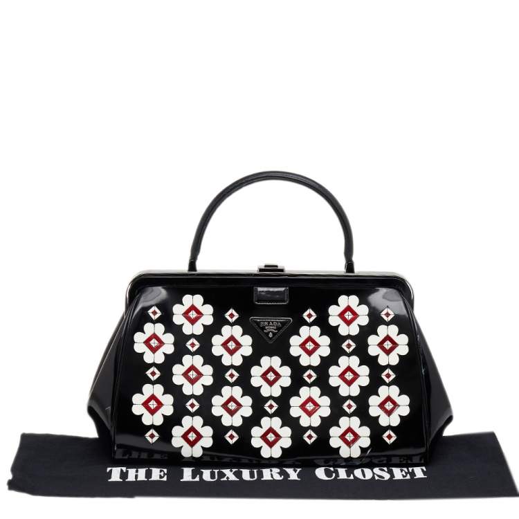 Pre Owned Prada Black Patent Leather Floral Hinge Top Handle Bag