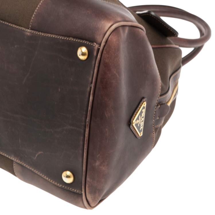 Pre Owned Prada Brown Leather and Canvas Bowling Bag