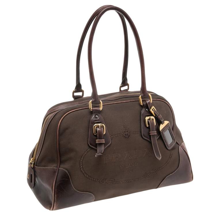 Pre Owned Prada Brown Leather and Canvas Bowling Bag