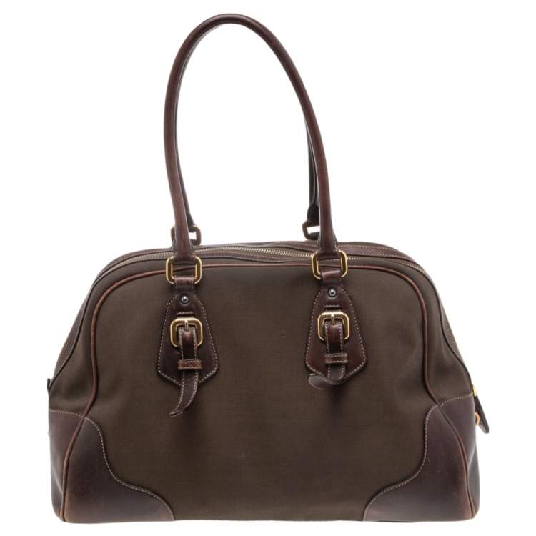 Pre Owned Prada Brown Leather and Canvas Bowling Bag