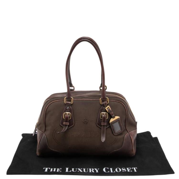 Pre Owned Prada Brown Leather and Canvas Bowling Bag