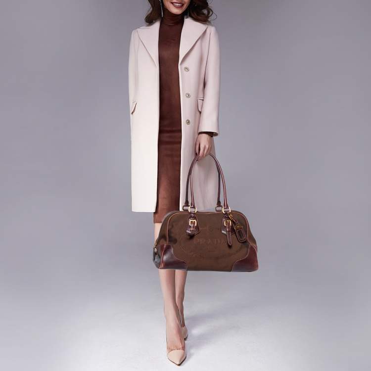Pre Owned Prada Brown Leather and Canvas Bowling Bag