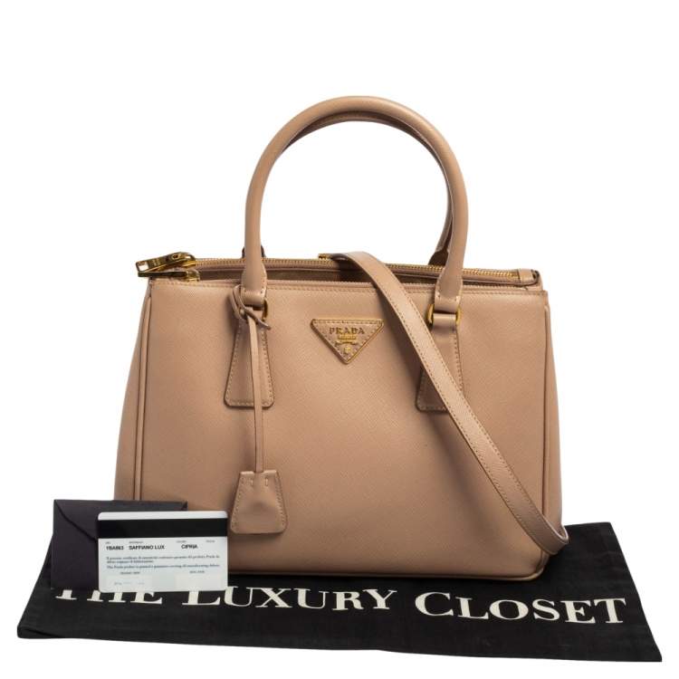 Pre Owned Prada Beige Saffiano Lux Leather Small Double Zip Galleria Tote