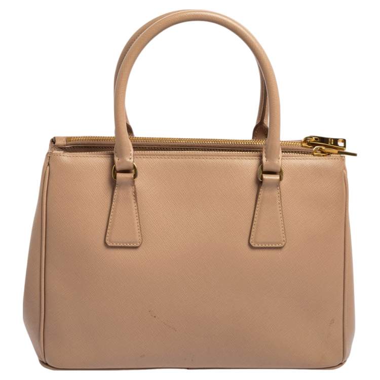Pre Owned Prada Beige Saffiano Lux Leather Small Double Zip Galleria Tote