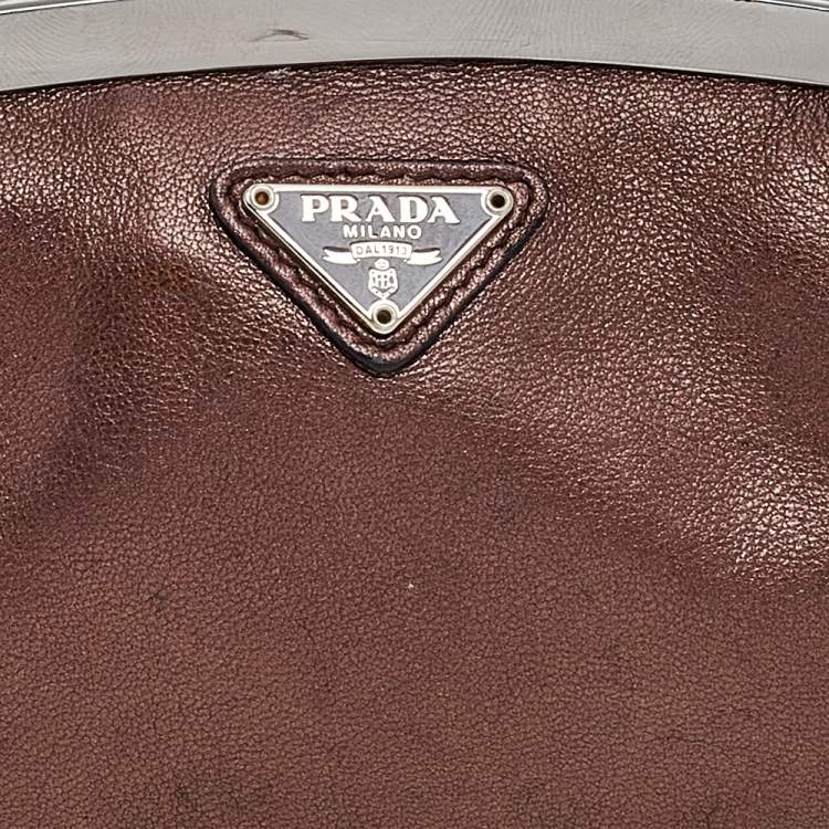 Pre Owned Prada Metallic Brown Leather Logo Plaque Coin Purse
