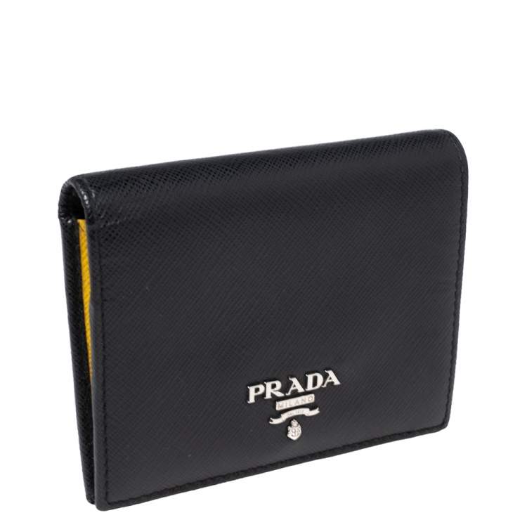 Pre Owned Prada Black Saffiano Lux Leather Bifold Logo Compact Wallet