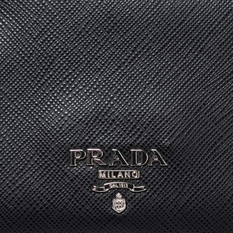 Pre Owned Prada Black Saffiano Lux Leather Bifold Logo Compact Wallet