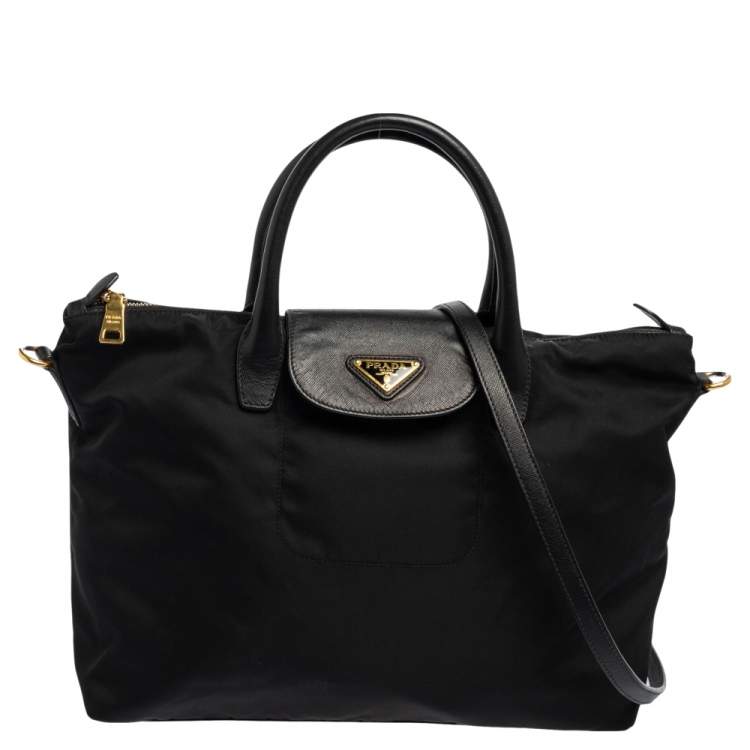 Prada Black Tessuto Nylon and Saffiano Leather Convertible Tote