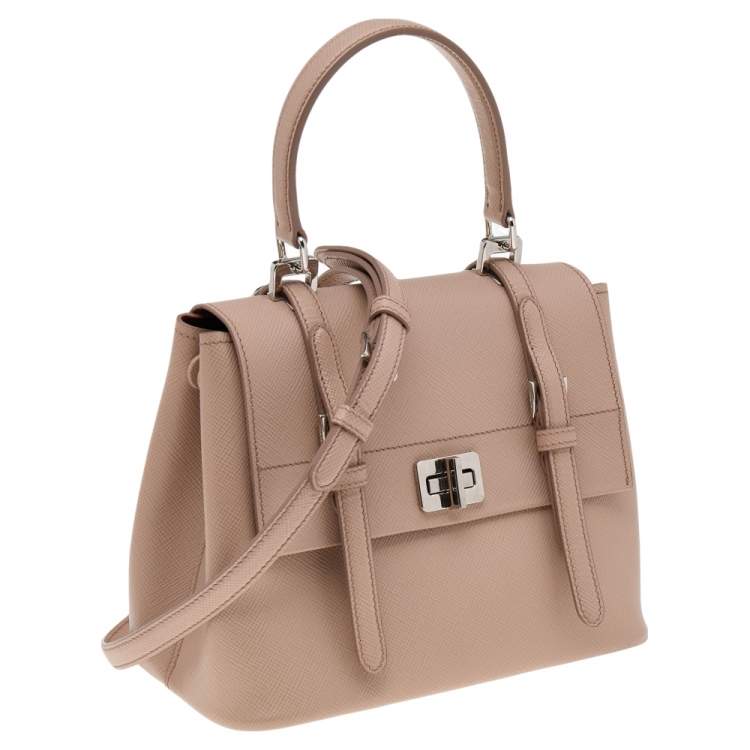 Pre Owned Prada Beige Leather Turn Lock Top Handle Bag