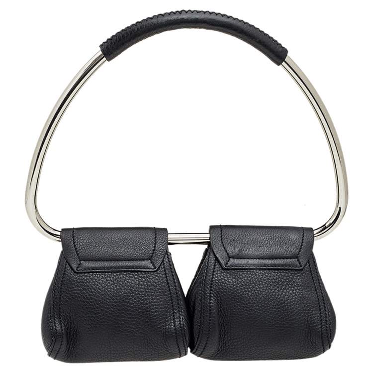 Pre Owned Prada Black Leather Silver Loop Top Handle Bag