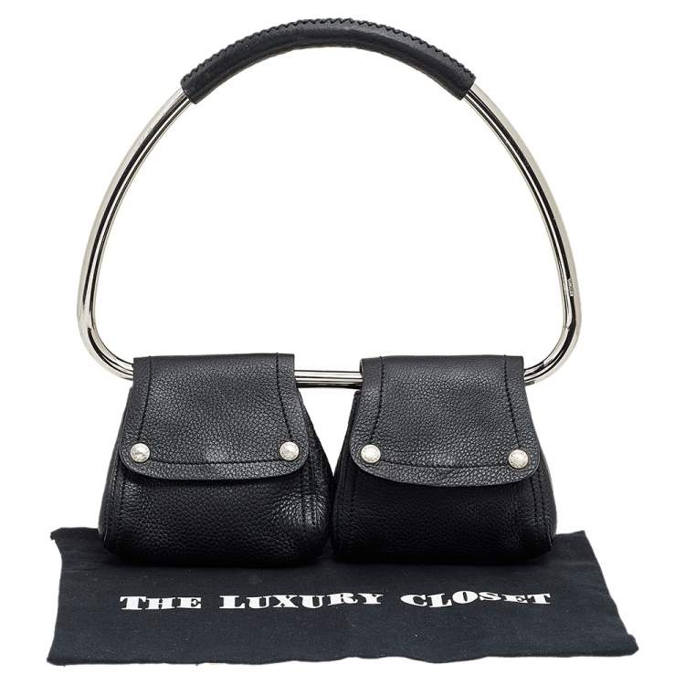 Pre Owned Prada Black Leather Silver Loop Top Handle Bag