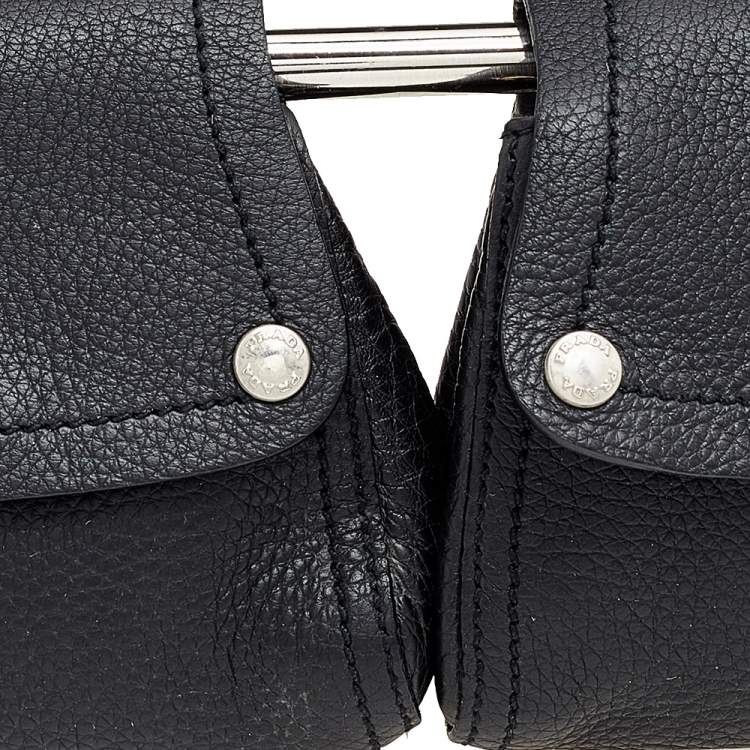 Pre Owned Prada Black Leather Silver Loop Top Handle Bag