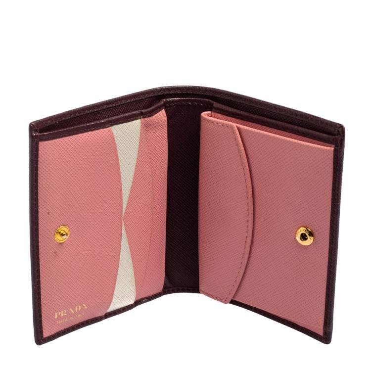 Pre Owned Prada Dark Burgundy Saffiano Lux Leather Bifold Card Case