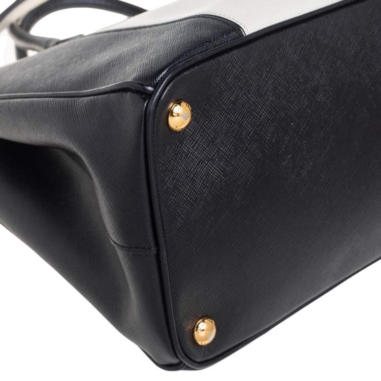 Pre Owned Prada White/Black Saffiano Lux Leather Medium Double Zip Tote