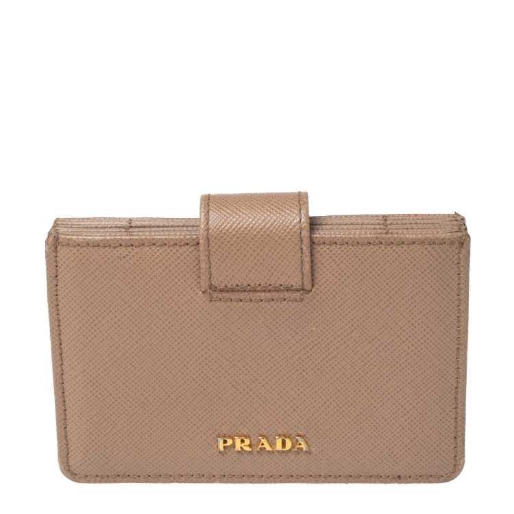 Pre Owned Prada Nude Saffiano Lux Leather Gusset Card Holder
