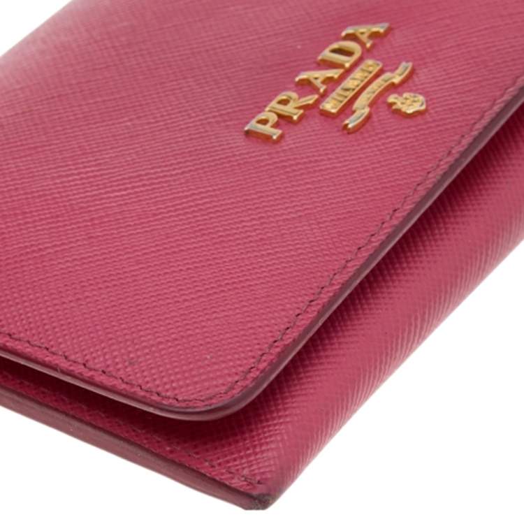 Pre Owned Prada Pink Saffiano Leather Flap Business Card Holder 