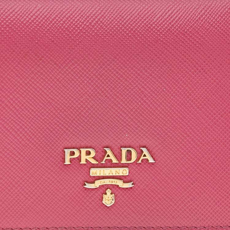 Pre Owned Prada Pink Saffiano Leather Flap Business Card Holder 