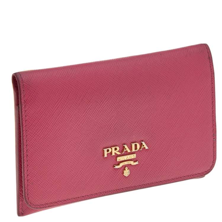 Pre Owned Prada Pink Saffiano Leather Flap Business Card Holder 