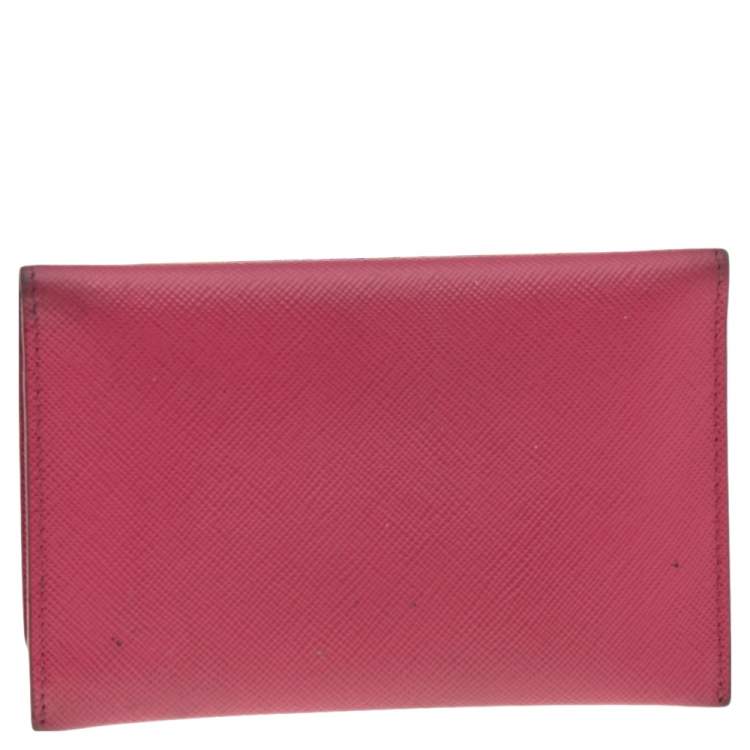 Pre Owned Prada Pink Saffiano Leather Flap Business Card Holder 