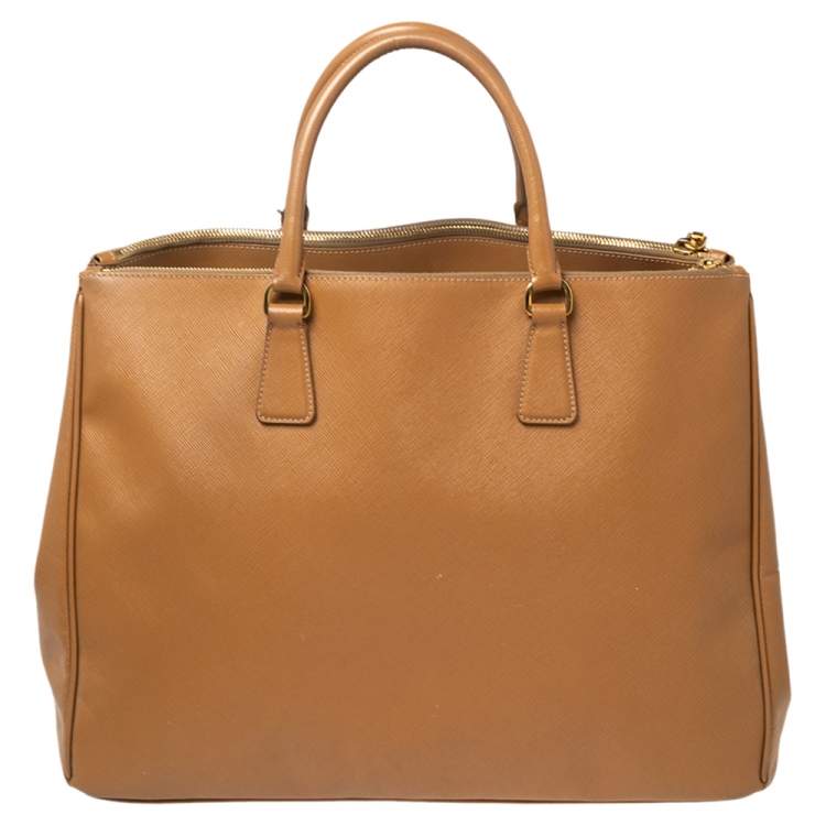 Pre Owned Prada Tan Saffiano Lux Leather Executive Galleria Double Zip Tote