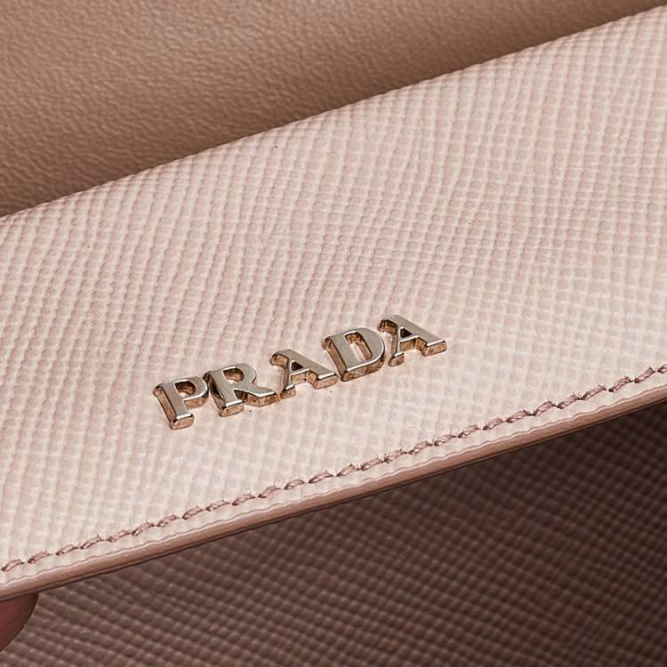 Pre Owned Prada Beige Saffiano Cuir Leather Double Turn Lock Top Handle Bag