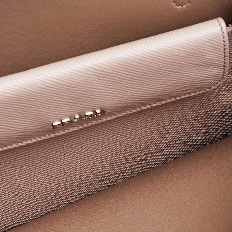 Pre Owned Prada Beige Saffiano Cuir Leather Double Turn Lock Top Handle Bag