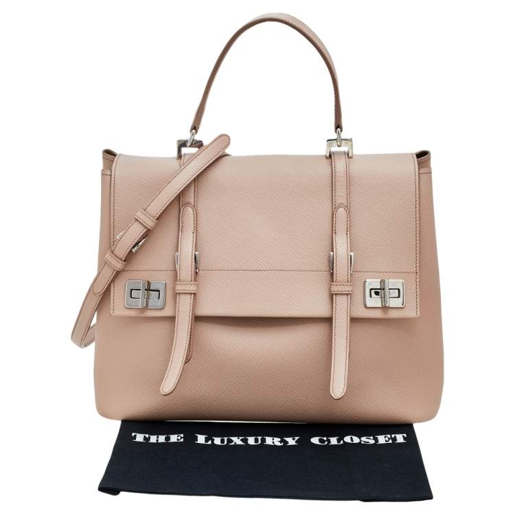 Pre Owned Prada Beige Saffiano Cuir Leather Double Turn Lock Top Handle Bag