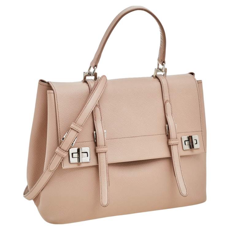 Pre Owned Prada Beige Saffiano Cuir Leather Double Turn Lock Top Handle Bag