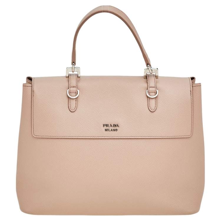Pre Owned Prada Beige Saffiano Cuir Leather Double Turn Lock Top Handle Bag