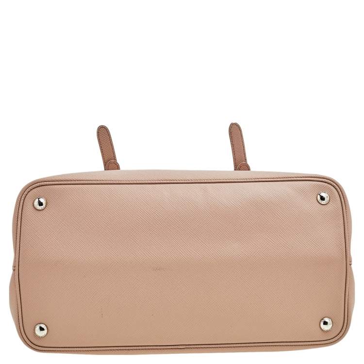 Pre Owned Prada Beige Saffiano Cuir Leather Double Turn Lock Top Handle Bag