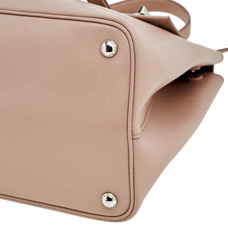 Pre Owned Prada Beige Saffiano Cuir Leather Double Turn Lock Top Handle Bag
