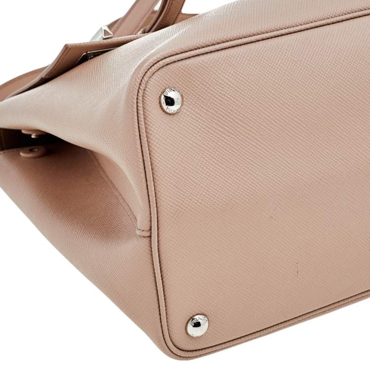 Pre Owned Prada Beige Saffiano Cuir Leather Double Turn Lock Top Handle Bag