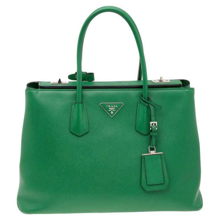 Prada Green Saffiano Cuir Leather Medium Double Tote Bag