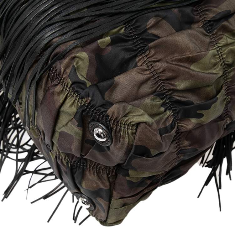 Pre Owned Prada Black/Camo Nylon and Leather Fringe Hobo 