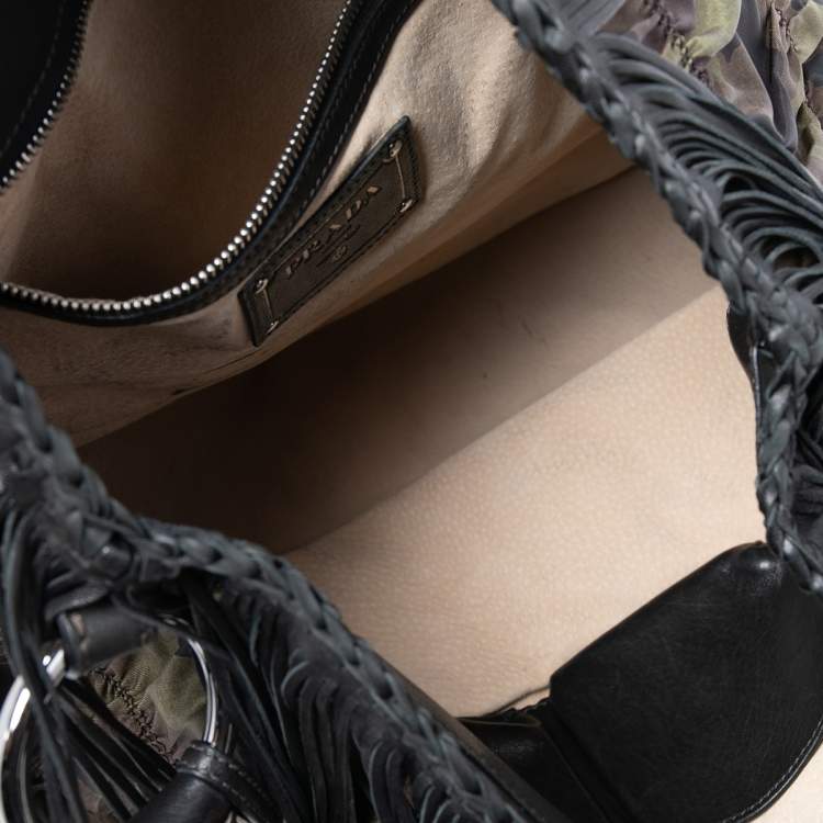 Pre Owned Prada Black/Camo Nylon and Leather Fringe Hobo 