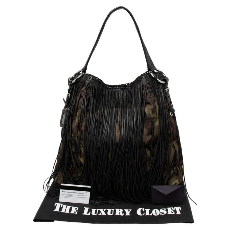 Pre Owned Prada Black/Camo Nylon and Leather Fringe Hobo 