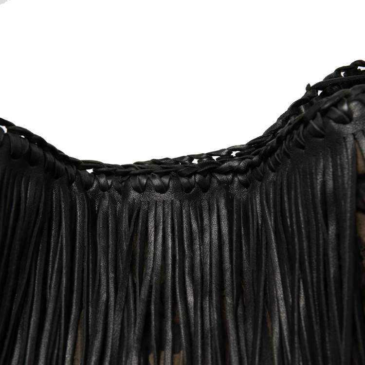 Pre Owned Prada Black/Camo Nylon and Leather Fringe Hobo 