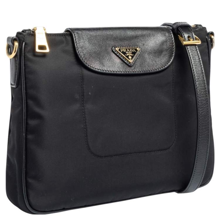 Pre Owned Prada Black Nylon and Leather Trim Messenger Bag