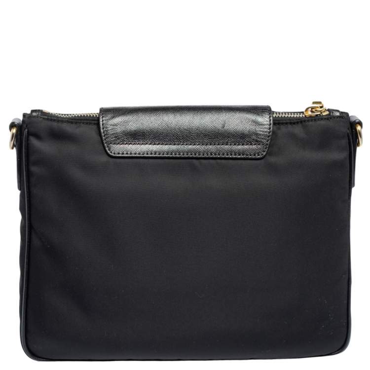Pre Owned Prada Black Nylon and Leather Trim Messenger Bag