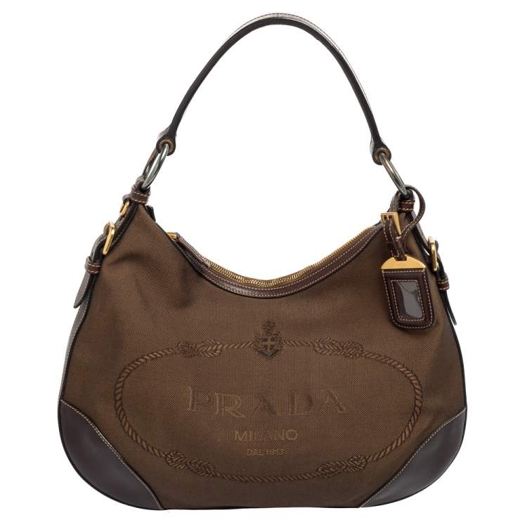 Pre Owned Prada Two Tone Brown Logo Jacquard Fabric and Leather Hobo 