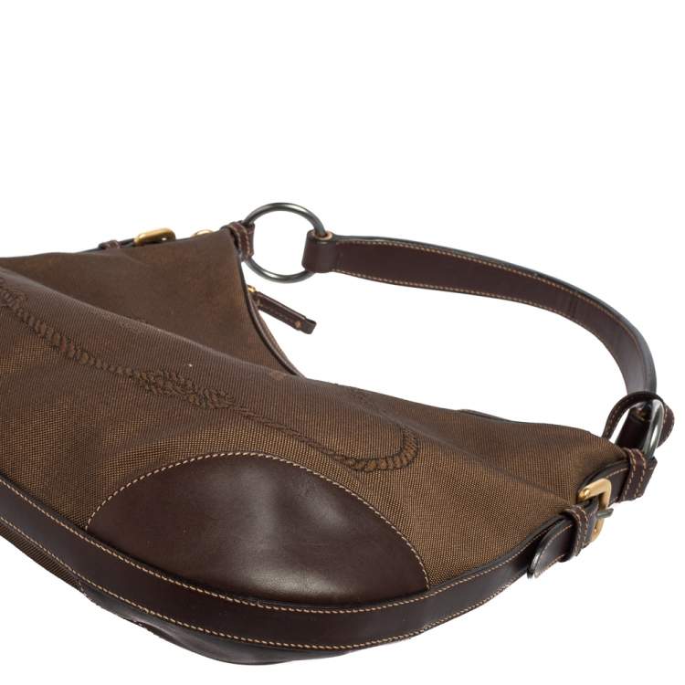 Pre Owned Prada Two Tone Brown Logo Jacquard Fabric and Leather Hobo 